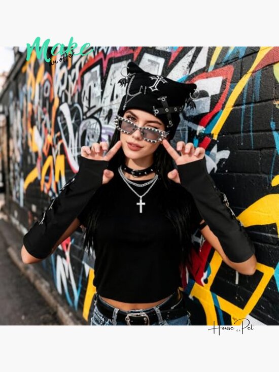 Goth Knitted Beanie with Cat Ears, Fingerless Gloves, and Necklaces Set main image 7